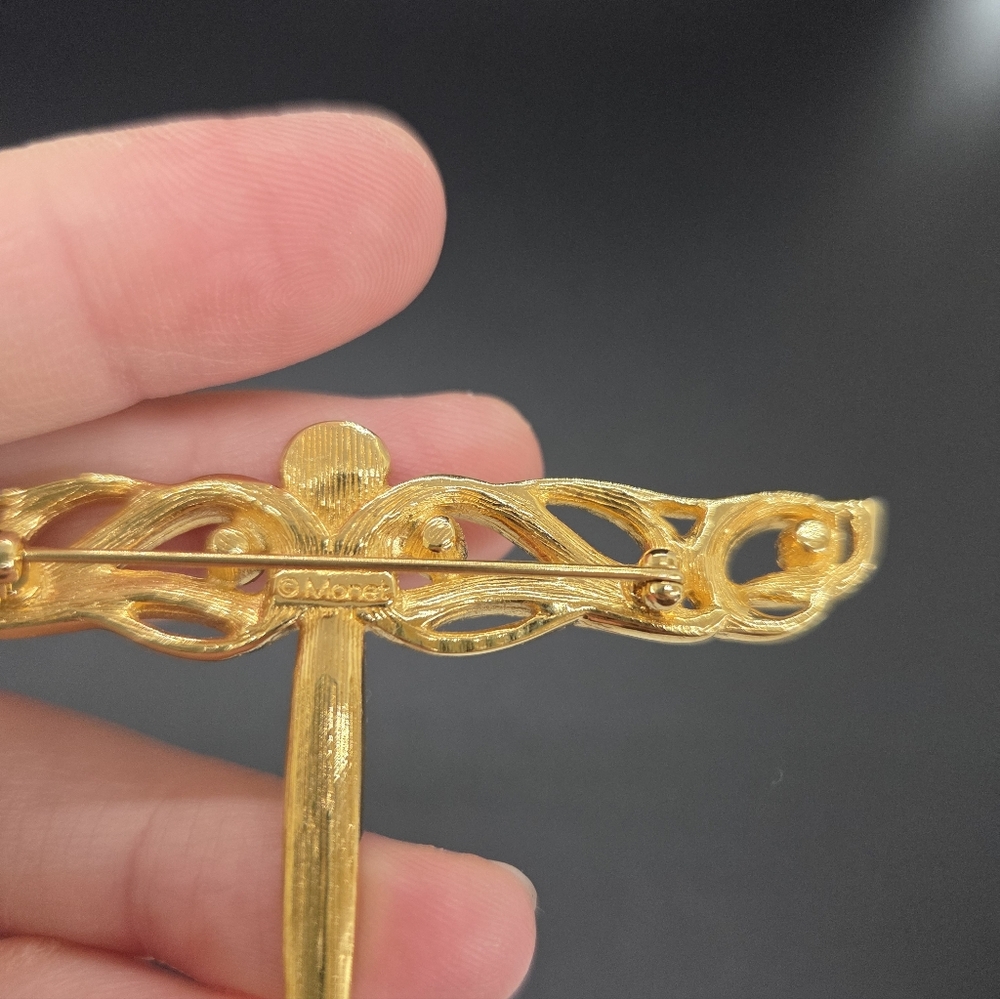 Ornate Monet Rhinestone Dragonfly Brooch Signed - Picture 3 of 5